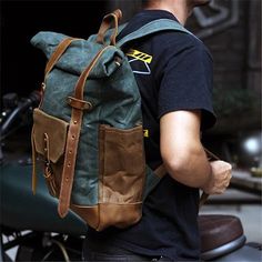 Motorcycle Backpack Large Travel Backpack Hiking Rucksack Laptop Backpack Unisex School Backpack Camping Backpack Outdoor Backpack --------------------------------- Please offer your phone number in order to deliver your orders successfully. --------------------------------- Description: -Waxed canvas and full grain leather -Cotton Lining -Inside one pocket for laptop, one phone pocket, one wallet pocket, one pen slot, one zipper pocket, zipper rolled closure top. -It can hold one 15.6'' laptop, Rectangular Casual Backpack For Hiking, Durable Hiking Backpack, Vintage Green Backpack For Everyday Use, Functional Leather Backpack With Pockets For Outdoor Activities, Urban Green Backpack For Travel, Rectangular Backpack With Pockets For Hiking, Outdoor Satchel Backpack With Adjustable Strap, Satchel Backpack With Adjustable Straps For Outdoor Activities, Durable Green Backpack For Camping