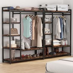 an organized closet with clothes, shoes and other items on shelves in front of a white wall