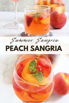 two glasses filled with peach sangria on top of a table