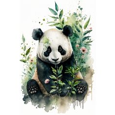 a watercolor painting of a panda bear sitting on the ground with flowers and leaves