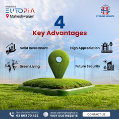 an advertisement for the 4 key advantages in real estate development, which includes green grass and