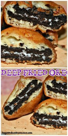 chocolate and white cake filled oreo cookies on a plate with the words, deep fried oreo's