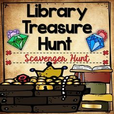 a book cover for the library treasure hunt