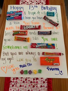 a birthday card with candy on it and handwritten notes to the child's parents