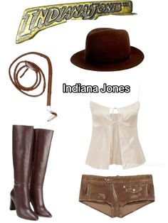 the indiana jones costume is shown with boots, hat and bootlaced shorts on display