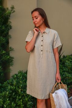 Discover timeless elegance with our Vika Linen Dress. This medium-length dress showcases a minimalist design complemented by an original straight fit and intricate chest folds. Crafted from premium linen, it ensures optimal skin comfort, as it's breathable, absorbs moisture, and maintains a pleasant body temperature. Whether it's a summer outing or a casual lounge day, this dress stands out. Its two convenient inseam pockets and a wide color range allow you to find the perfect match for any occasion. Linen's natural attributes make it a favorite across seasons, providing warmth in winter and coolness in summer. Embrace simple grace and unmatched comfort with this handmade, naturally colored dress. SIZE: Size Small: length 36", bust- lay flat-19", hips- lay flat-21" Size M/L: length 36", bu Casual Lounge Wear, Linen Short Sleeve, Street Dress, Boho Style Outfits, Linen Shirt Dress, Linen Short, Khaki Dress, Short Sleeve Dress, Dress Fashion