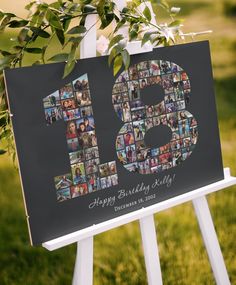 a sign that has some pictures on it with the number thirteen printed on it and flowers