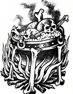 a black and white drawing of a skull in a pot filled with skulls, bones and other things