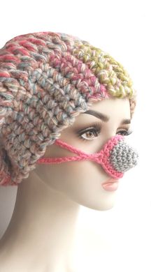 Two-colored nose warmer, crocheted of wool-free yarn (gray cotton and pink acrylic). Playful Crochet Winter Hat, Playful Winter Crochet Hat, Winter Crochet Crafts With Yarn, Crochet Nose, Winter Walking, Nose Warmer, Gift Crochet, Knitted Wit, Winter Walk