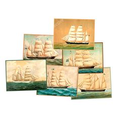 six paintings of sailboats in various colors