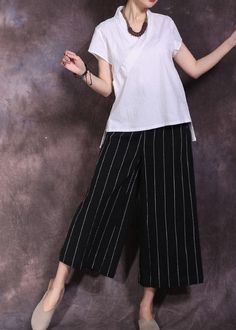 2019 black striped linen pant loose women cuop pants - SooLinen Striped Linen Pants, Patchwork Coat, Winter Knit Sweater, Linen Pant, Long Winter Coats, Cuffed Pants, Striped Linen, Linen Pants, Long Coat