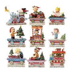 christmas train figurines are shown in various styles and colors, including santa's sleigh