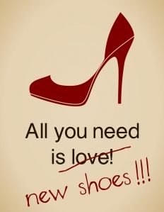 a red high heeled shoe with the words all you need is love new shoes