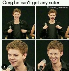 a man holding a microphone in front of four different pictures with the caption saying, omg he can't get any cuter