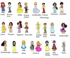 an image of disney princesses with their names in each one's colors and font