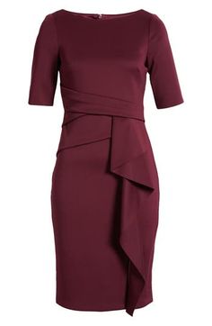 This sophisticated desk-to-dinner dress is designed with a tucked waistline and a luscious ruffle cascading down the skirt. 40 1/2" length ( size 8) Bateau neck Elbow-length sleeves 95% polyester, 5% spandex Hand wash, dry flat Imported Pleated Fitted Midi Dress For Formal Occasions, Fitted Pleated Midi Dress For Formal Occasions, Elegant Peplum Dress With Ruffle Hem, Elegant Midi Dress With Folds, Elegant Dress With Fitted Bodice And Folds, Elegant Fitted Midi Dress With Folds, Elegant Fitted Dress With Folds, Chic Folded Midi Dress For Formal Occasions, Semi-formal Fitted Dress With Pleated Waist