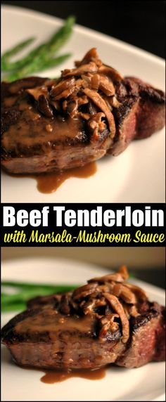 beef tenderies with marina mushroom sauce on a white plate