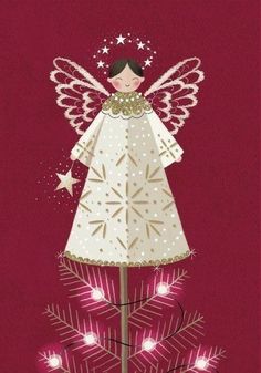 an angel standing on top of a christmas tree with stars and sparkles around it