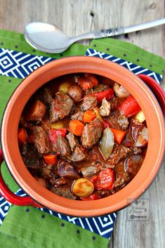 a red pot filled with stew on top of a green and blue place mat next to a spoon