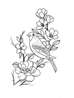 a black and white drawing of a bird sitting on a branch with flowers in the background