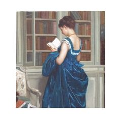 a painting of a woman reading in front of a bookshelf with a dog