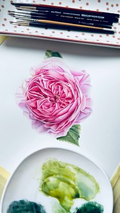 a pink rose painted on a white plate next to some colored pencils and markers