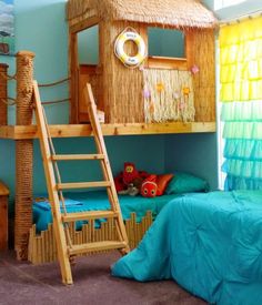 a child's bedroom with a bunk bed and ladder