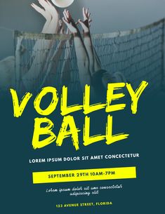 an advertisement for volley ball with two people reaching up to hit the ball