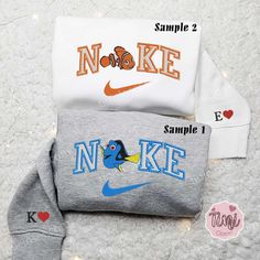 Introducing the ultimate fashion statement for all Disney and Nike fans! Our Dory And Nemo x Nike Embroidered Couple Shirt Finding Nemo Shirt, Dory And Nemo, Nike Inspired, Dory Nemo, Jersey Bedding, Embroidered Apparel, Disney Finding Nemo, Maroon Hoodie, Whimsical Wonderland