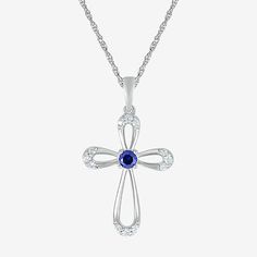 Features: Religious JewelryJewelry Closure: Spring Ring ClaspLink Construction: SolidSetting: ProngShape: CrossStone Cut: RoundStone Millimeter Measurement: 3 Mm Width, 3 Mm LengthMetal Color: WhiteChain Length: 18 InchChain Width: .7 MillimetersPendant Length: 27.5mmPendant Width: 15.8mmChain Construction: RopeCare: Wipe CleanStone Type: 13 Lab Created SapphireAuthenticity: Lab Created StoneBirthstone: September BirthstoneMetal: Sterling SilverNecklace Type: Pendant NecklacesCountry of Origin: Elegant Cross Pendant Necklace With Birthstone, Blue Gemstone Cross-shaped Jewelry, Elegant Cross-shaped Birthstone Jewelry, Elegant Cross Shaped Birthstone Jewelry, Blue Diamond Pendant Jewelry, Blue Diamond Accent Pendant Necklace, Blue Pendant Necklace With Diamond Accents, Cross Shaped Gemstone Necklace Fine Jewelry, Fine Jewelry Cross Gemstone Necklace