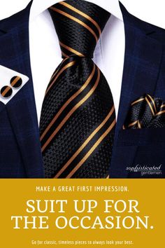 A gorgeous tie with quality material. It's the type where the knot holds; it does not slide, making you constantly adjust it. It has a slight shine to it, perfect with an evening suit. The pocket square adds to its elegance. It's wonderful! Dapper Black Ties For Gift, Black Formal Ties For Father's Day, Black Dapper Suit And Tie Accessories For Business, Dapper Black Tie For Gift, Luxury Elegant Men's Ties, Luxury Gentleman's Wedding Ties, Dapper Black Tie With Pocket Square, Luxury Black Dapper Tie, Luxury Men's Ties For Work