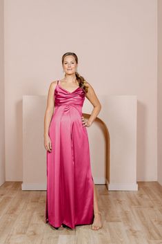 Model: Alex; Size: 14 Elegant Pink Maternity Bridesmaid Dress, Fitted V-neck Maternity Bridesmaid Dress, Feminine Pink Maternity Dress V-neck, Classic Gown, Maternity Bump-friendly Pink Dress, Pink V-neck Maternity Maxi Dress, Empire Silhouette, Wedding Parties Colors, Bridesmaid Dress Colors