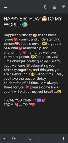 a text message with the words happy birthday to my world on it, and an image of