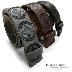 This genuine leather belt style is an interchangeable strap for your buckles. You can switch your buckles around with brass metal snaps (they don't show when a buckle is put on it). For a man or woman. The leather is brown with an embossed design. It is 100% full grain leather, heavy duty yet supple. Belt is 1 1/2" in width, fits a buckle of this size or larger.***SEE PICTURES FOR SIZE CHART / HELP FINDING THE RIGHT SIZE. Please email us if you need further help!*** Adjustable Belts With Antique Buckle For Everyday Use, Adjustable Leather Belt Buckle With Antique Finish, Adjustable Leather Belt Buckle With Antique Design, Adjustable Brass Belt Buckle For Everyday Use, Adjustable Brass Buckle Belt For Everyday Use, Adjustable Leather Belts And Suspenders With Antique Buckle, Leather Belts And Suspenders With Antique Buckle, Adjustable Vintage Brown Leather Belt Buckles, Adjustable Leather Belt With Antique Buckle