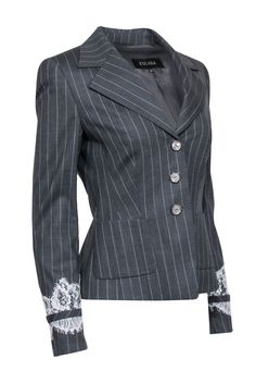 Grab a timeless professional classic with this blazer from Escada! Made with a contrasting pinstripe and luxe lace details on the sleeves, this is the perfect piece to wear with your favorite sweaters, blouses and flared trousers for a feminine work look that is sure to stun! Size 6 (DE 36) No care tag. most likely wool blend Front button close Lined Collared neckline Long sleeves with lace Pockets at hip Slight padding in shoulders Bust 36" Waist 30" Shoulder to shoulder 15.5 Shoulder to hem 23 Elegant Lace Trim Blazer For Spring, Elegant Tailored Striped Blazer, Elegant Striped Blazer For Semi-formal Occasions, Elegant Pinstripe Blazer For Semi-formal Occasions, Elegant Striped Blazer For Office, Elegant Striped Office Blazer, Elegant Long Sleeve Blazer With Lace Trim, Elegant Striped Blazer With Notch Lapel, Elegant Pinstripe Blazer