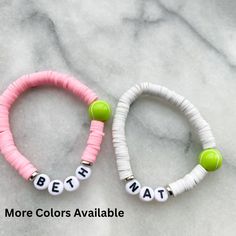 Sports Jewelry-word bracelet for Tennis fans.  Perfect gift for those who love tennis.  Custom sports bracelet lightweight and comfortable. Select your own color and personalize it with your team name, your name, or your jersey #.    SEE SIMILAR ITEMS HERE: https://etsy.me/3ZxTGC0  💖ITEM DETAILS: Elastic band, Polymer Clay beads 💖BRACELET SIZING: Please refer to our last picture slide to see how to measure your beautiful bracelets (Please note: Drop-down menu size chart is estimated. Specific measurements will ensure a better fit for your custom order) 💖ALL ORDERS ARE FINAL.  These are custom jewelry made to order. Please be sure to DOUBLE CHECK all your spelling and color selections prior to checkout If you have any issues with your order, please feel free to reach out to us. 💖HOW TO Clay Beads Bracelet, Bracelets Kids, Word Bracelets, Heishi Bracelets, Kids Party Favors, Sports Jewelry, Word Bracelet, Sports Bracelet, Beautiful Bracelets