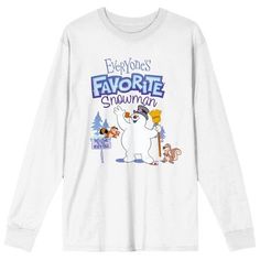 Show some holiday spirit with this Frosty The Snowman tee. The shirt features an image of Frosty standing holding a broom while animals gather around him. Blue letters above the image spell out, “Everyone’s Favorite Snowman.” The tee comes in a white long sleeve crew neck. Fans of the Frosty movies will love this comfy tee. Blue Letters, Frosty The Snowman, A Broom, Frosty The Snowmen, The Snowman, Family Christmas Shirts, Christmas Family, Comfy Tees, Family Shirts