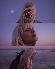 two images of a woman with blonde hair and the ocean in the background, one has her eyes closed