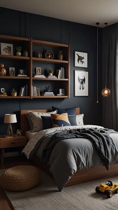 a bedroom with dark blue walls and wooden shelves