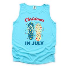 Summer Tank Top, Christmas in July, Flip Flops With Lights, July Party Tank Top, Comfort Colors Unisex Tank Top, Plus Sizes Available - Etsy Party Tank Top, Summer Tank Top, Summer Tank, July Party, Summer Tank Tops, Christmas In July, Direct To Garment Printer, Vintage Looks, Comfort Colors