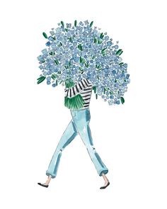 a watercolor drawing of a woman walking with a bouquet of flowers