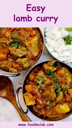 three pans filled with food next to rice