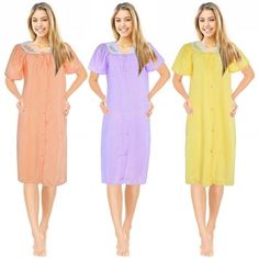 Discover the ultimate in comfort and style with our exquisite cotton house dress collection. Designed for women who value both elegance and relaxation, these womens house dress offer a luxurious feel with their blend of 55% Cotton and 45% Polyester. Ideal for any time of year, these house robes for women provide a breathable and soft experience, making them ideal for lounging or sleeping. Featuring a practical housecoats for women snap front closure, these dresses ensure easy dressing and undres Cotton House, Casual Day Dresses, House Dress, Polished Look, Pajamas Women, Simple Dresses, Night Gown, Dress Collection, Day Dresses