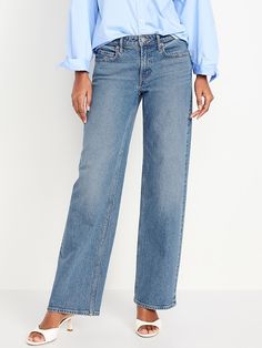 Mid-Rise Wide-Leg Jeans | Old Navy Jeans For Over 60 Women, Mid Rise Wide Leg Jeans, Midwest Style, Blue Flare Jeans, Frilly Blouse, Cropped Flare Jeans, Loose Fit Jeans, Flare Leg Jeans, Soft Summer