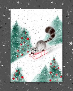 a painting of a cat on a sleigh in the snow with christmas trees