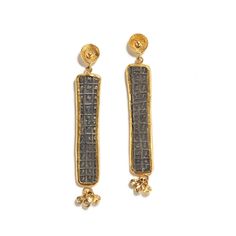 24K yellow gold, sterling silver - Ancient Turk tablets, six diamonds 0.06 ctw Preserving a piece of history from Ancient Anatolia, Fatih translates the master craftsmanship of prehistoric eminence into contemporary works of art. Two Ancient Turk tablets are the focus of these earrings. In its silver surface, carefully carved, line and shape come together to breathe complimentary dimension and exceptionality in the composition. High karat gold transcends the youthful vibrations of silver, collec Elegant Ceremonial Earrings With Oxidized Finish, Elegant Oxidized Earrings For Ceremonial Occasion, Formal Oxidized Gold Jewelry, Formal Gold Jewelry With Oxidized Finish, Ceremonial Gold Earrings With Oxidized Finish, Ceremonial Hammered Yellow Gold Jewelry, Ceremonial Yellow Gold Hammered Jewelry, Hand Forged Rectangular Gold Jewelry, Luxury Rectangular Jewelry For Ceremonial Occasions