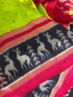 This is a beautiful Pochampally ikkat handwoven saree in pure silk with deer motifs in border and geometric pattern in pallu. This one has such a royal look and a rare colour combination!! Notice the characteristic blurriness of the motifs.  *Saree comes with an unstitched blouse piece.  *Hand woven fabrics or products may have slight irregularities unlike power loom products. * colour may vary slightly due to lighting  *No falls or pico * Maintenance: Dry clean only *All sales are final Green Ikat Print Saree In Traditional Drape, Green Ikat Print Traditional Saree, Traditional Green Ikat Print Saree, Green Ikat Print Saree, Green Ikat Print Dupatta Traditional Drape, Green Ikat Print Dupatta, Green Ikat Print Dupatta For Festivals, Green Ikat Print Dupatta For Diwali, Festive Green Ikat Print Dupatta