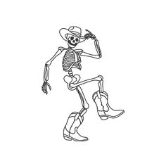 a skeleton in cowboy boots and a hat is running with his hand on his hip