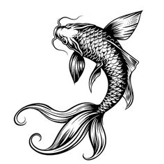 a black and white drawing of a koi fish with its tail curled in the air