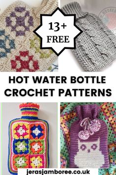 montage of four photos showing differently constructed hot water bottle crochet covers Hot Bottle Cover Crochet, Crochet Hot Water Bottle Cozy, Crochet Hot Water Bottle Cover Free, Free Crochet Pattern For Hot Water Bottle Cover, Granny Square Hot Water Bottle Cover, Bottle Crochet Cover Patterns